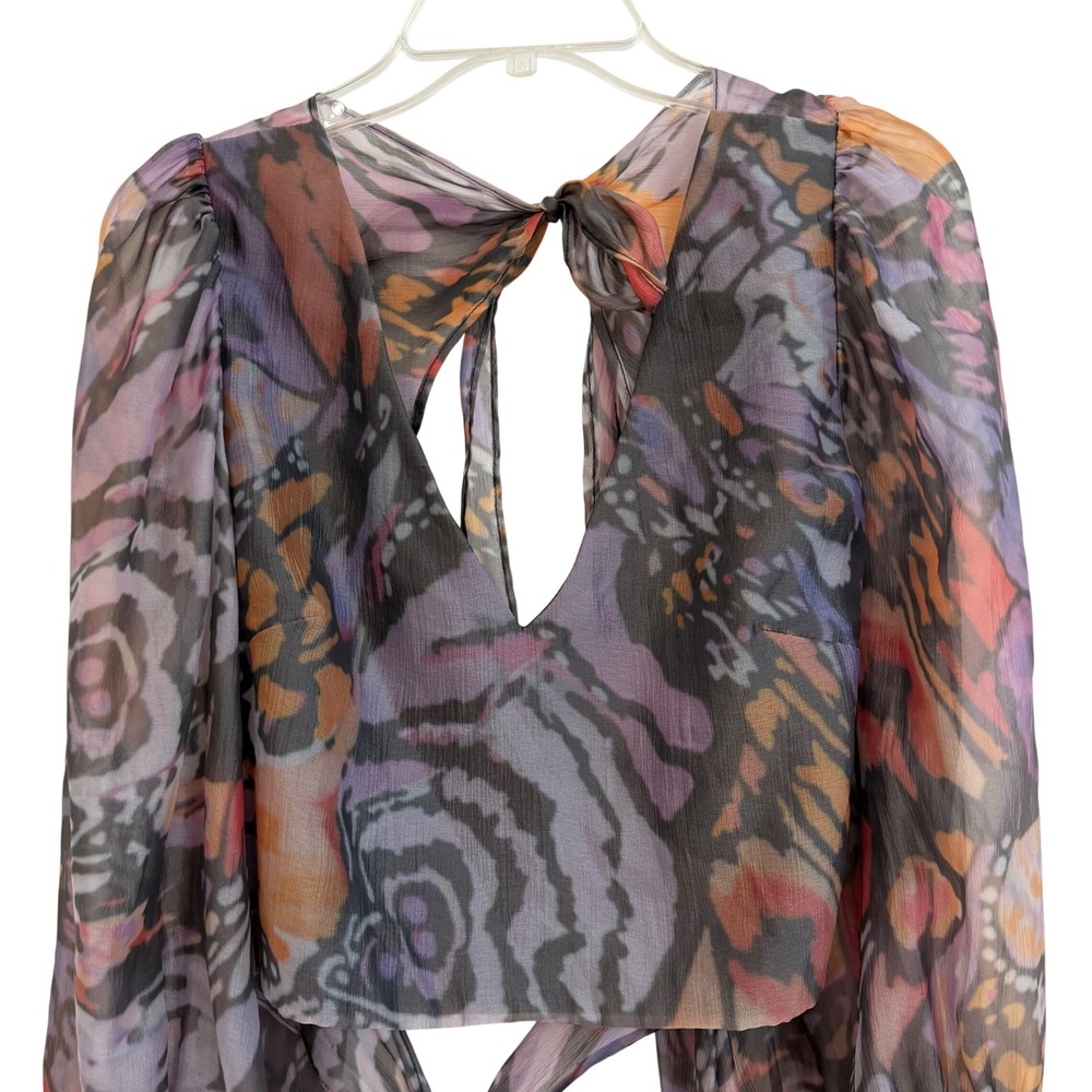 Hutch Hart Butterfly Print Open Back Crop Top Balloon Sleeve Purple Orange L - Picture 9 of 11